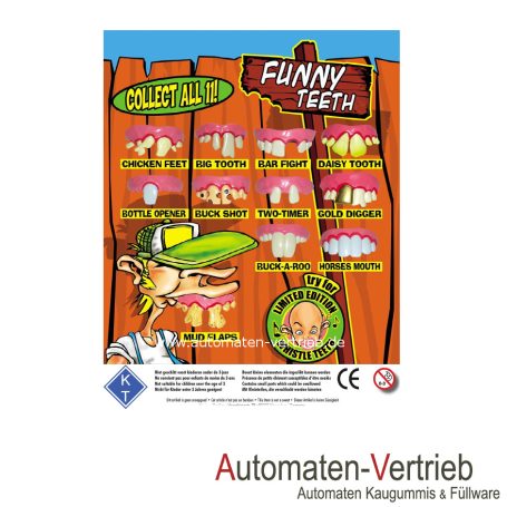 Horror-Zähne Bunte Abbildung lustiger Zähne mit verschiedenen Designs und Beschreibungen.