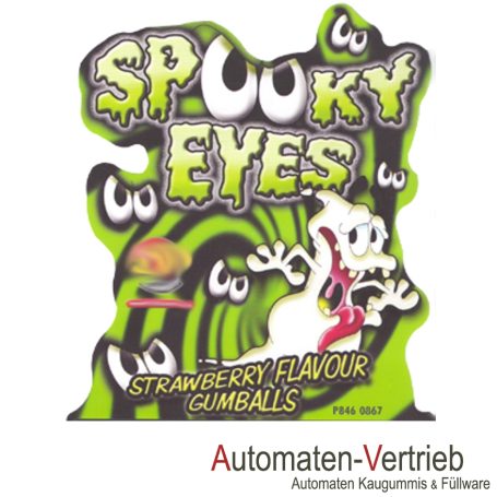 Spookey Eyes Kaugummikugel Grünes, gruseliges Design mit einer Geisterfigur und Erdbeergeschmack-Gummibären.