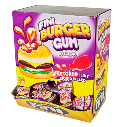 Fini Burger Gum Packung mit Fini Burger Gummi, inklusive flüssiger Füllung und bunten Verpackungen.
