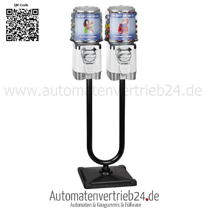 Heldenpaket 2 in weiß Unser Heldenautomat mit 2 zylindrischen Glasbehältern in weiß auf einem Doppel-Ständer montiert