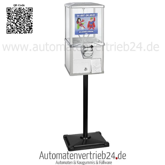 Heldenpaket 3 in weiß Ein Kaugummiautomat auf einem schwarzen Standfuß mit transparentem Gehäuse.