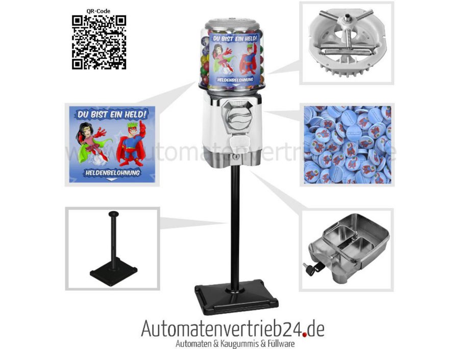 Heldenpaket 1 in weiß Unser Heldenautomat mit zylindrischen Glasbehälter in weiß auf einem Ständer montiert und Auschnitte von Details und Zubehör