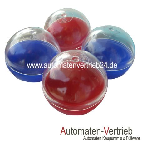 Leerkapseln Vier halbtransparente Kugeln in Rot und Blau, gruppiert.
