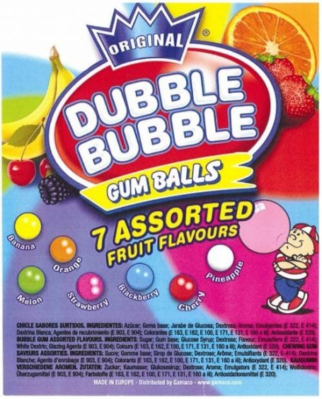 Dubble Bubble Kaugummi Bunte Verpackung von Dubble Bubble Kaugummibällen mit verschiedenen Fruchtgeschmäckern.
