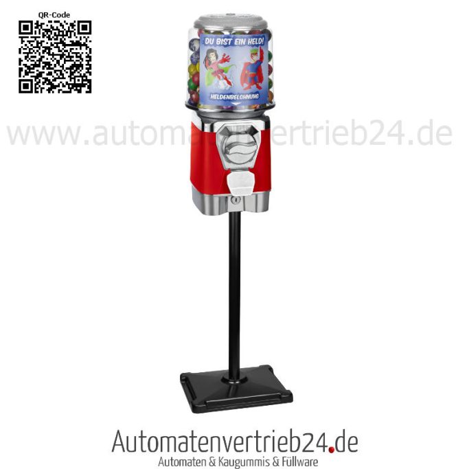 Heldenpaket 1 in rot Kaugummiautomat auf einem Standfuß mit bunten Kugeln im oberen Behälter.